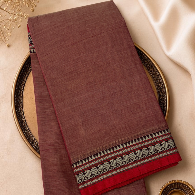 Maroon Brown Red Mercerised Pure Cotton Gadwal Saree