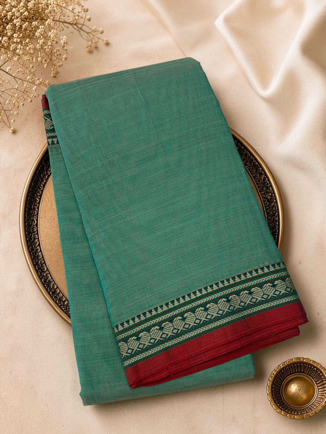 Green Teal Red Mercerised Pure Cotton Gadwal Saree