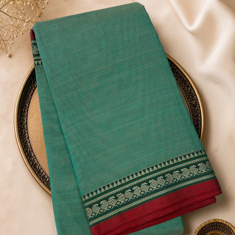 Green Teal Red Mercerised Pure Cotton Gadwal Saree
