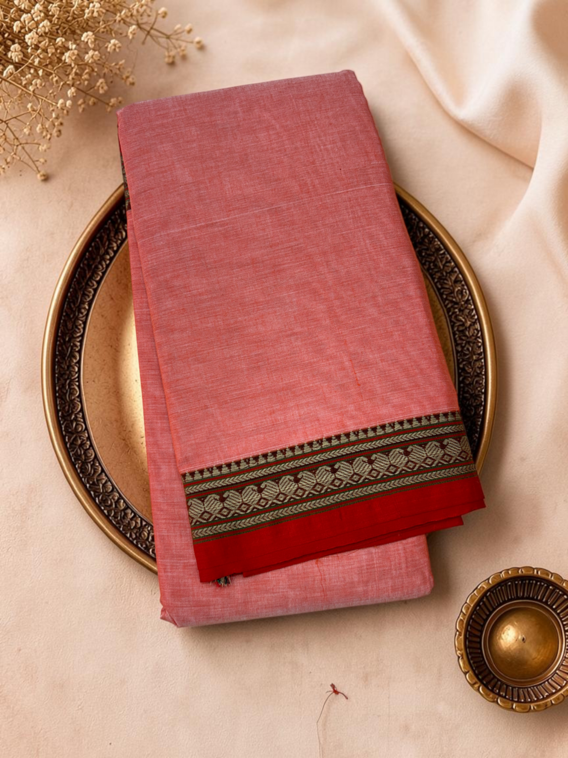 Coral Pink Red Mercerised Pure Cotton Gadwal Saree
