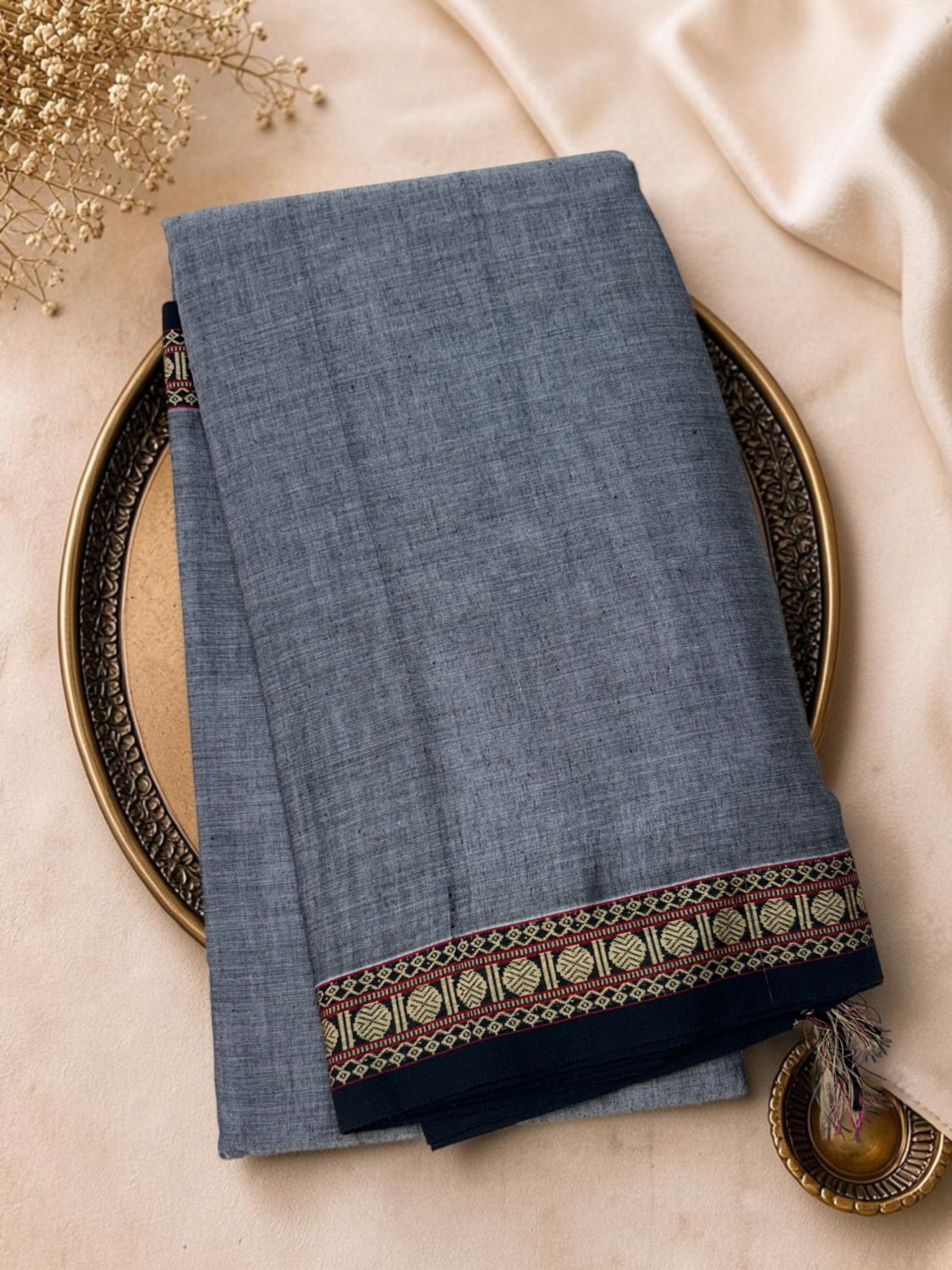 Slate Blue Black Mercerised Pure Cotton Gadwal Saree
