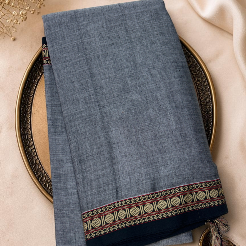 Slate Blue Black Mercerised Pure Cotton Gadwal Saree