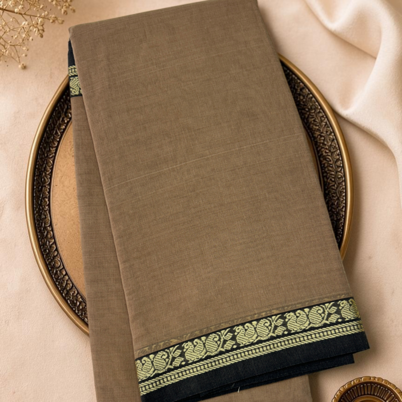 Taupe Beige Black Mercerised Pure Cotton Gadwal Saree