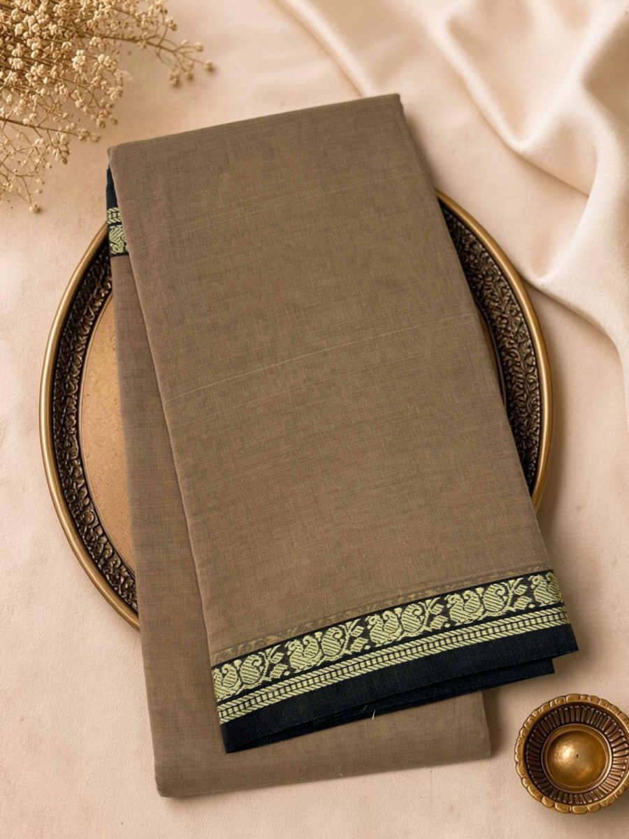 Taupe Beige Black Mercerised Pure Cotton Gadwal Saree