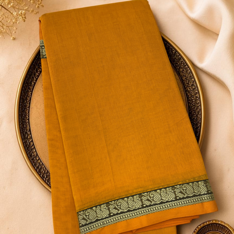 Gold Mustard Black Mercerised Pure Cotton Gadwal Saree