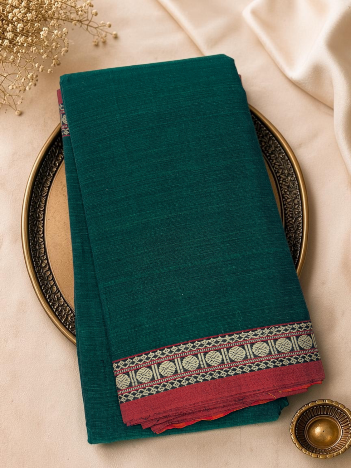 Dark Teal Red Mercerised Pure Cotton Gadwal Saree