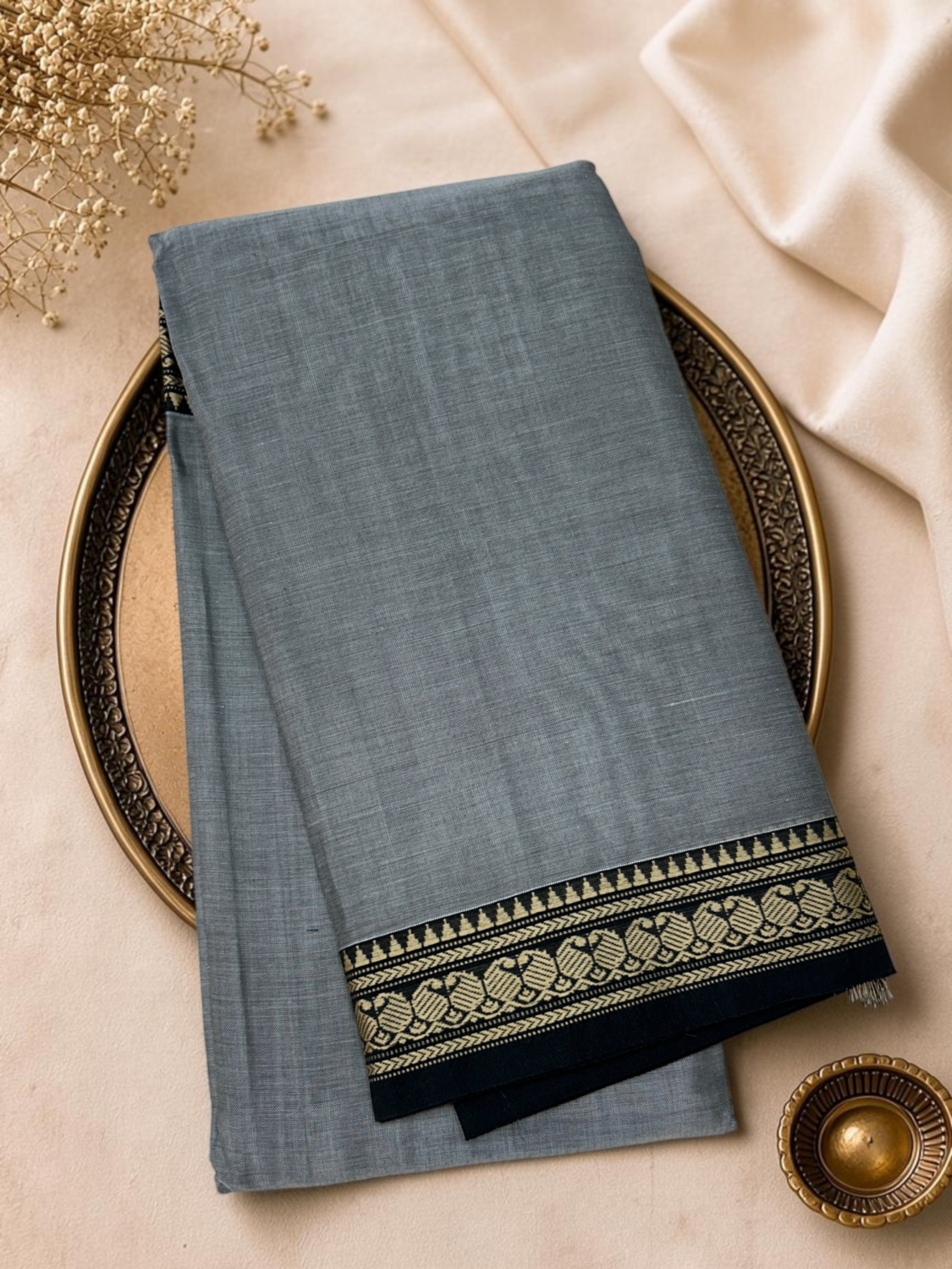 Blue Grey Black Mercerised Pure Cotton Gadwal Saree