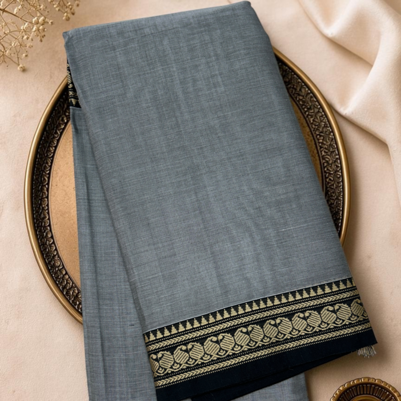 Blue Grey Black Mercerised Pure Cotton Gadwal Saree