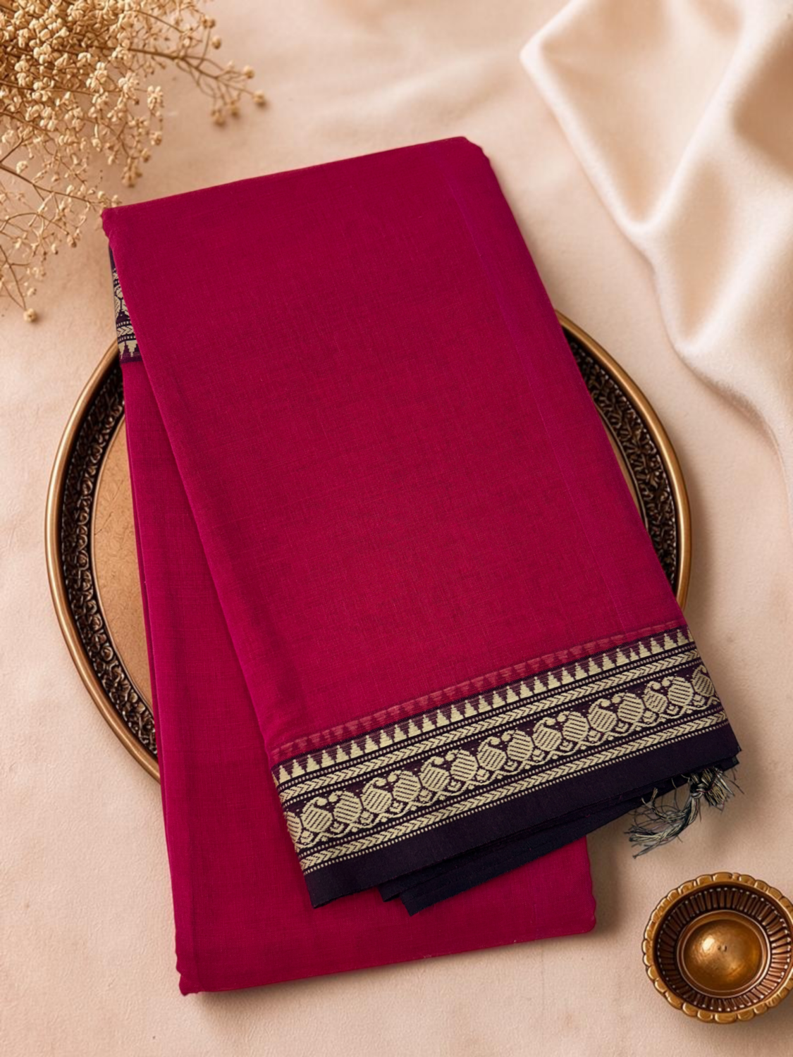 Magenta Red Gold Mercerised Pure Cotton Gadwal Saree