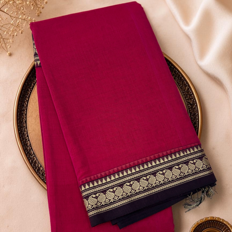 Magenta Red Gold Mercerised Pure Cotton Gadwal Saree