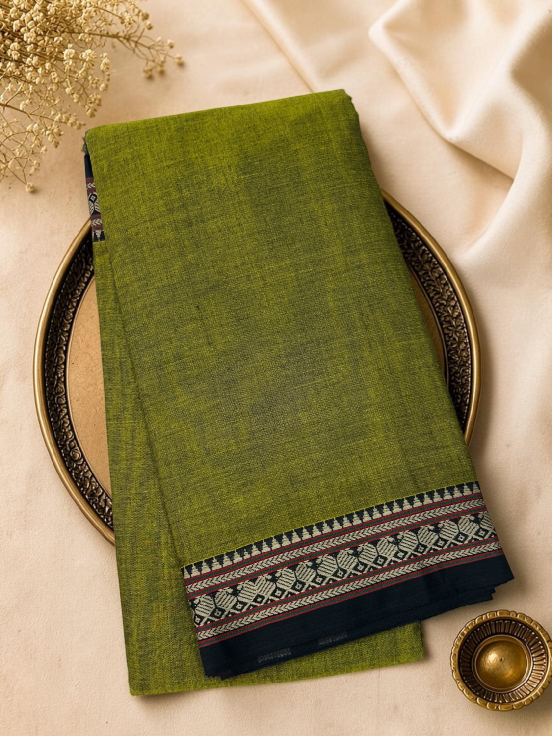 Olive Lime Black Mercerised Pure Cotton Gadwal Saree