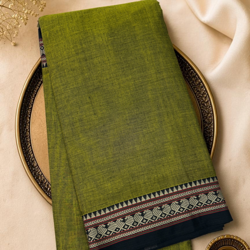 Olive Lime Black Mercerised Pure Cotton Gadwal Saree