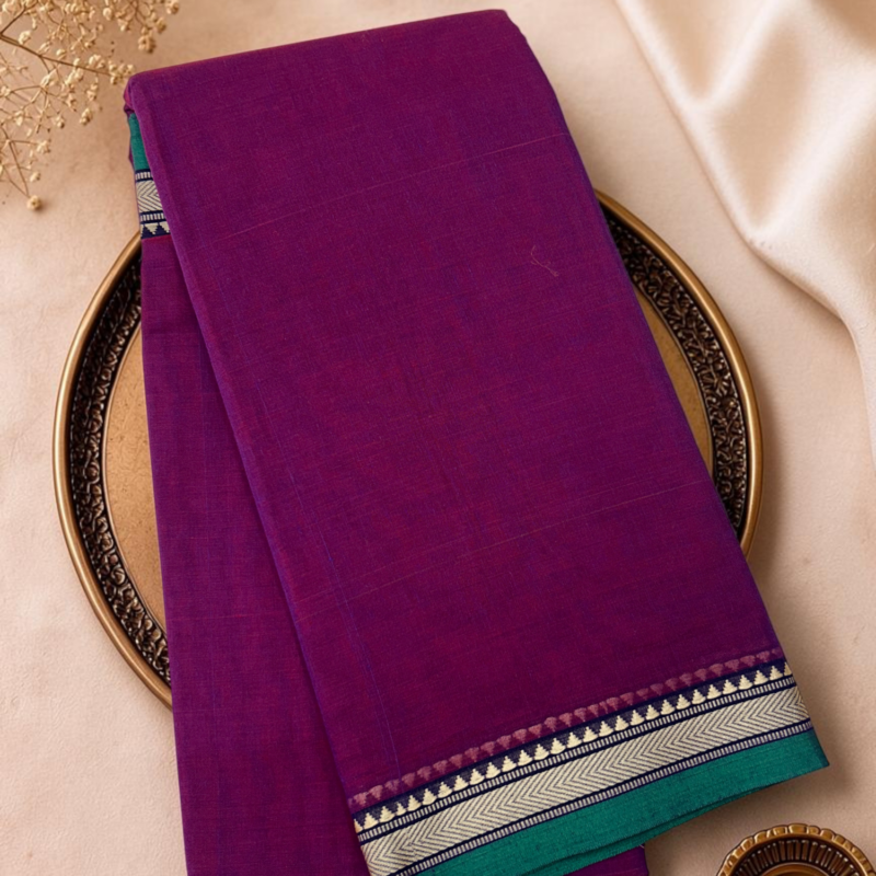 Magenta Purple Teal Mercerised Pure Cotton Gadwal Saree