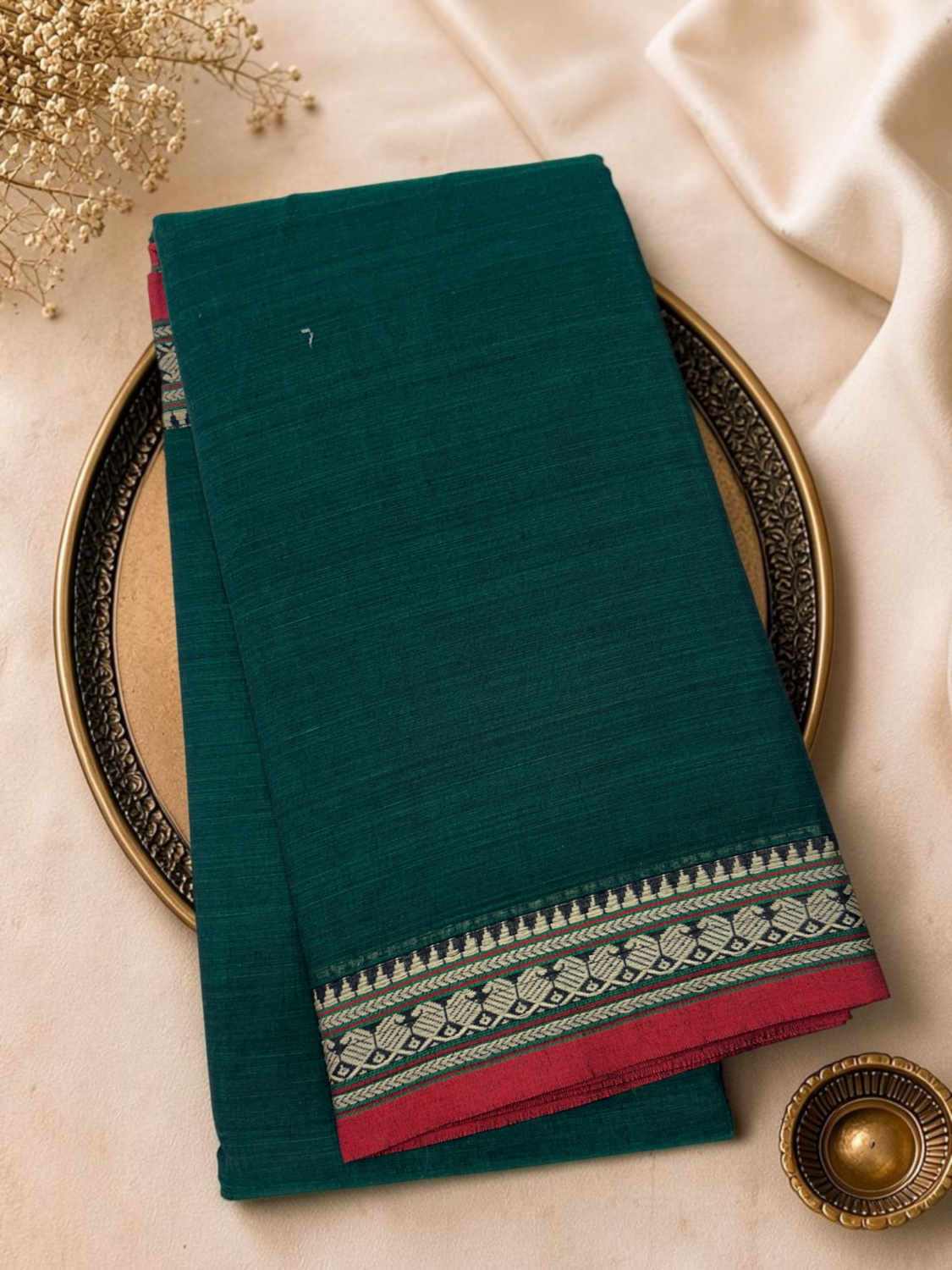 Bottle Green Red Mercerised Pure Cotton Gadwal Saree