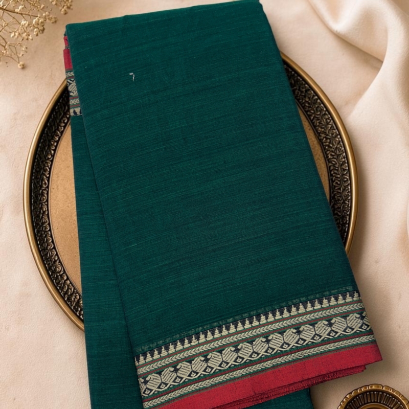 Bottle Green Red Mercerised Pure Cotton Gadwal Saree