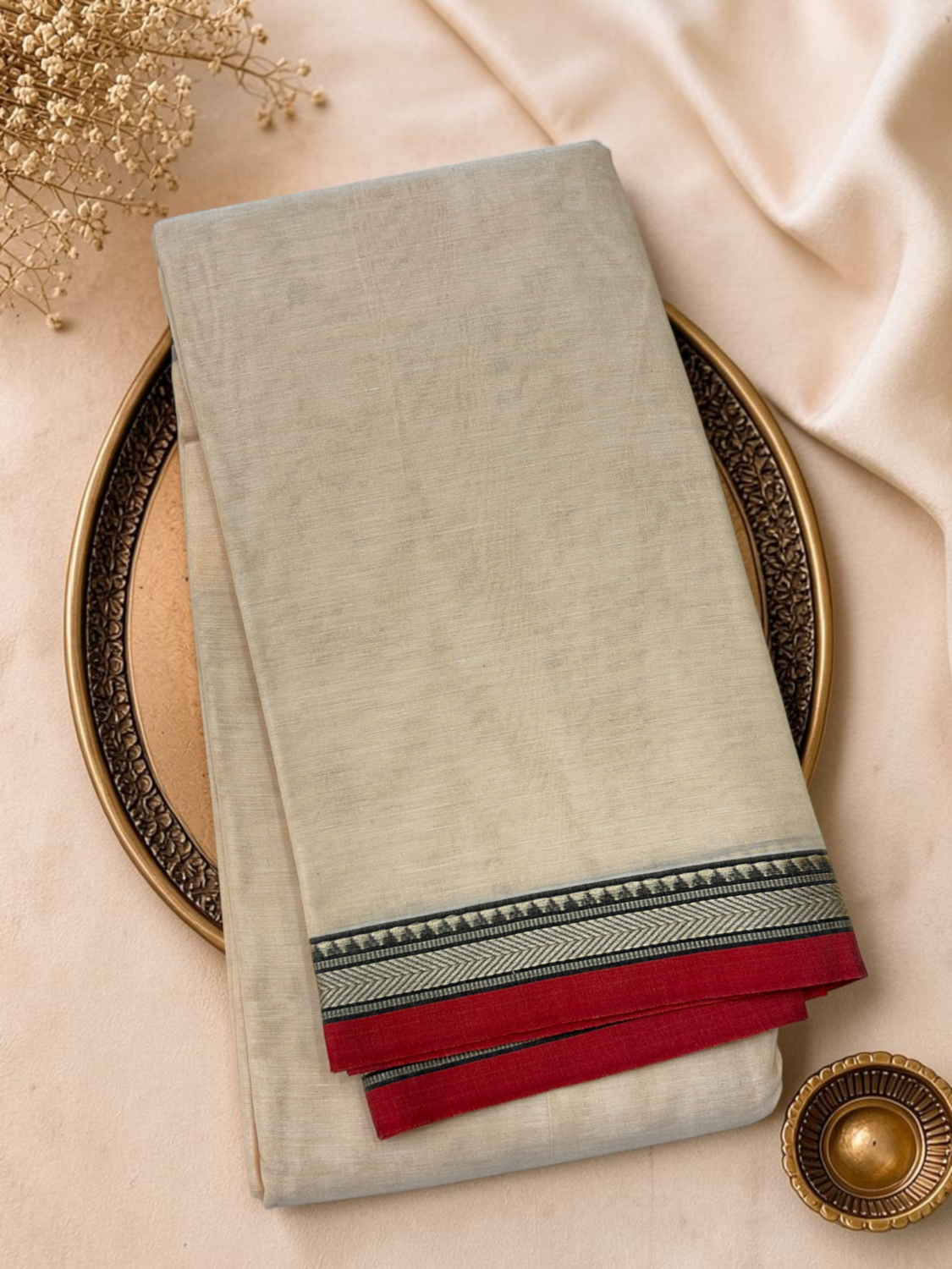 Off White Red Mercerised Pure Cotton Gadwal Saree