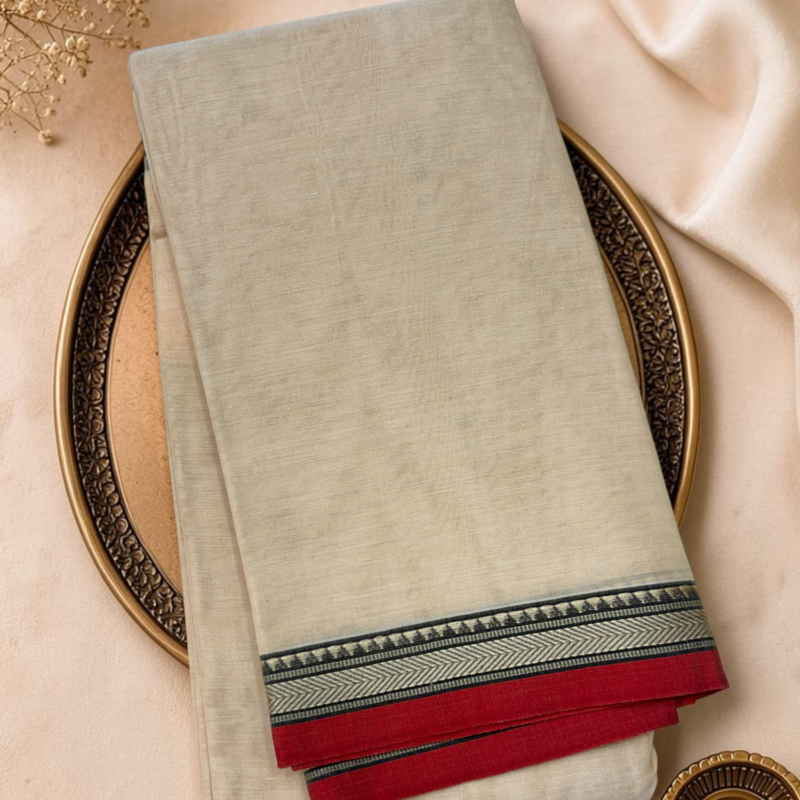 Off White Red Mercerised Pure Cotton Gadwal Saree