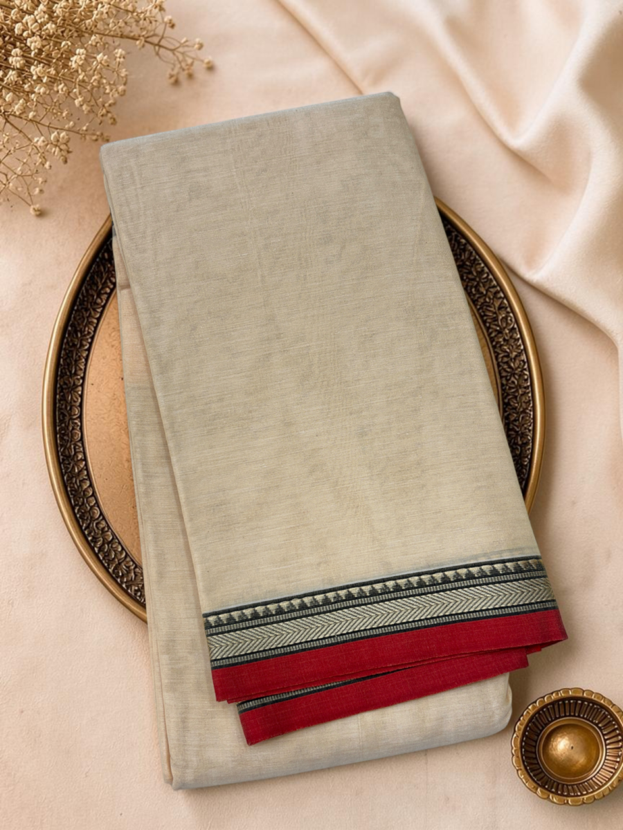 Off White Red Mercerised Pure Cotton Gadwal Saree