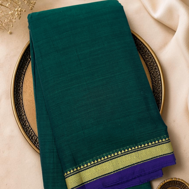 Bottle Green Navy Mercerised Pure Cotton Gadwal Saree