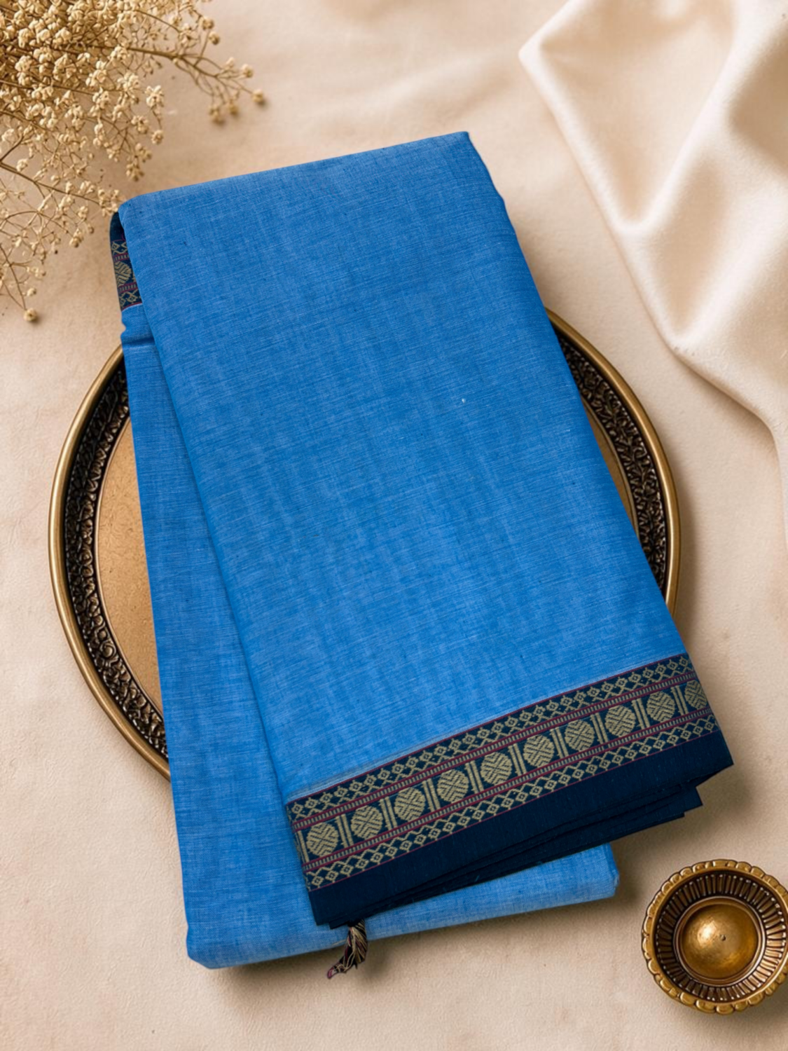 Sky Blue Navy Mercerised Pure Cotton Gadwal Saree