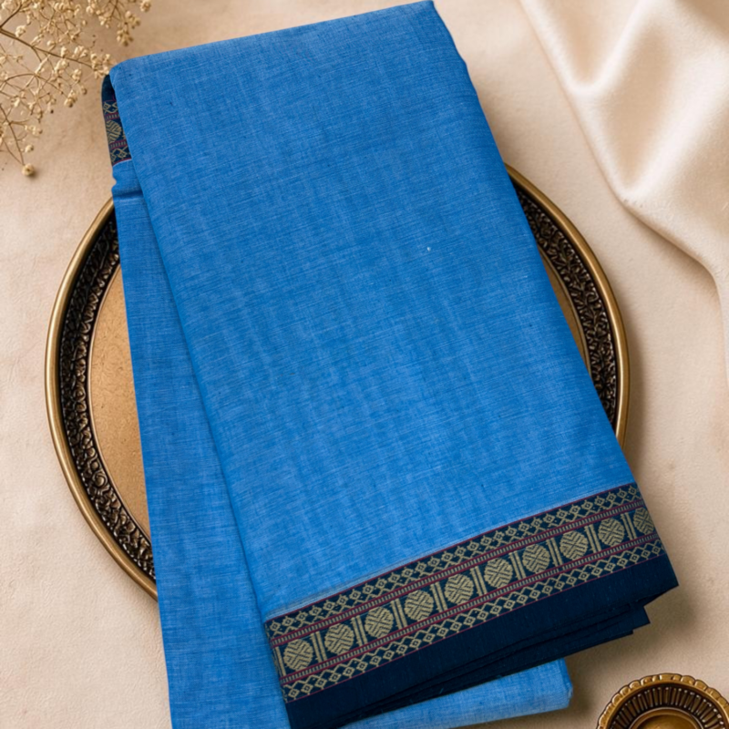 Sky Blue Navy Mercerised Pure Cotton Gadwal Saree