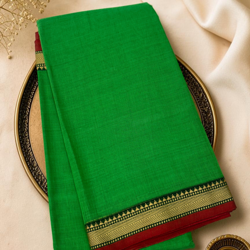 Bright Green Red Mercerised Pure Cotton Gadwal Saree