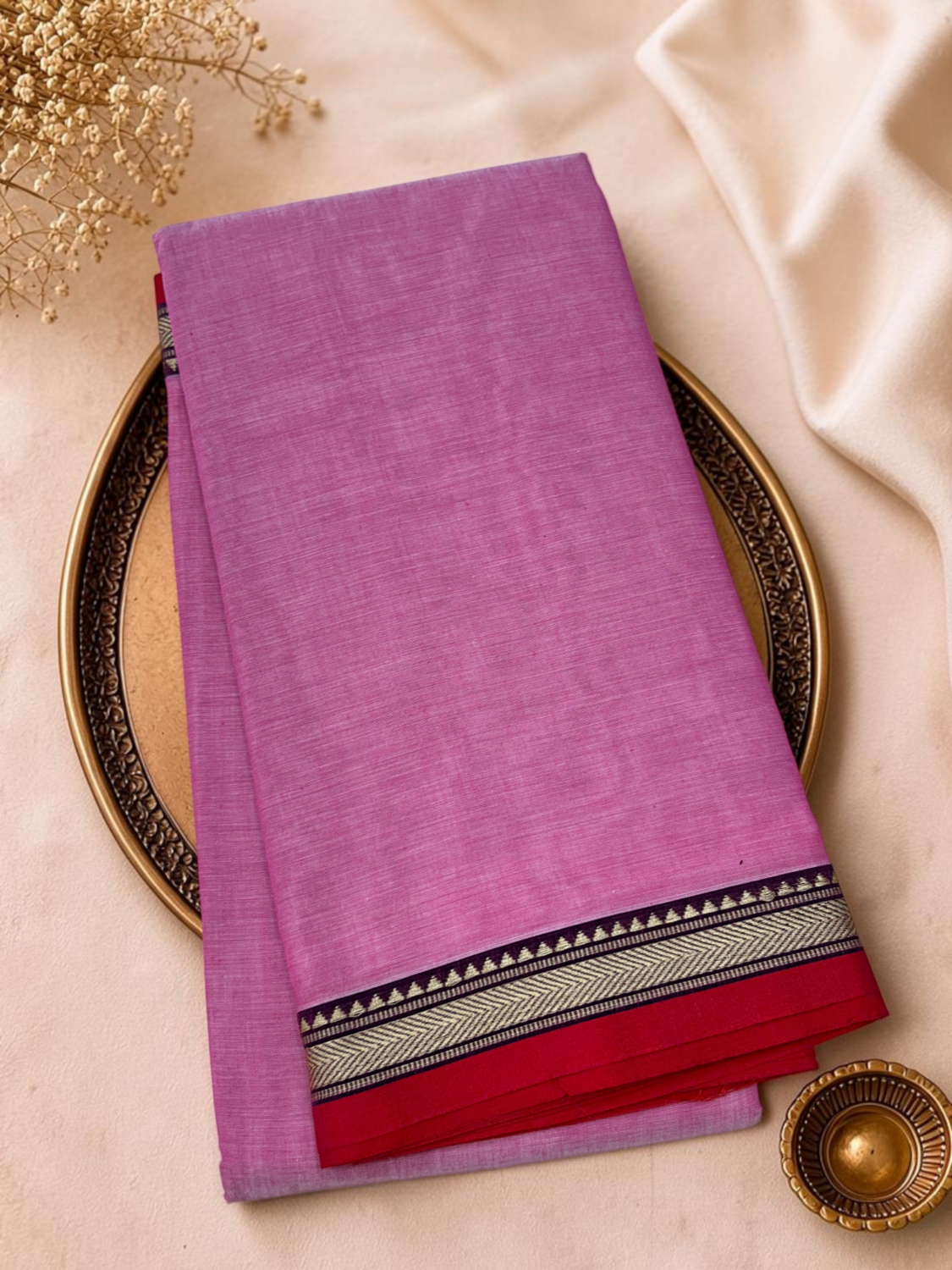 Mauve Pink Red Mercerised Pure Cotton Gadwal Saree