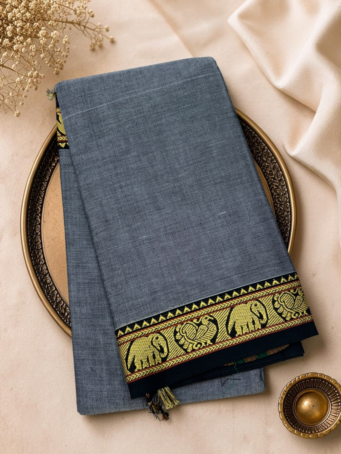 Grey Black Mercerised Pure Cotton Gadwal Saree