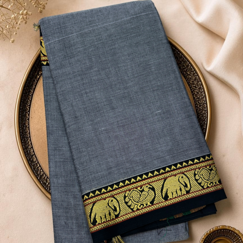 Grey Black Mercerised Pure Cotton Gadwal Saree
