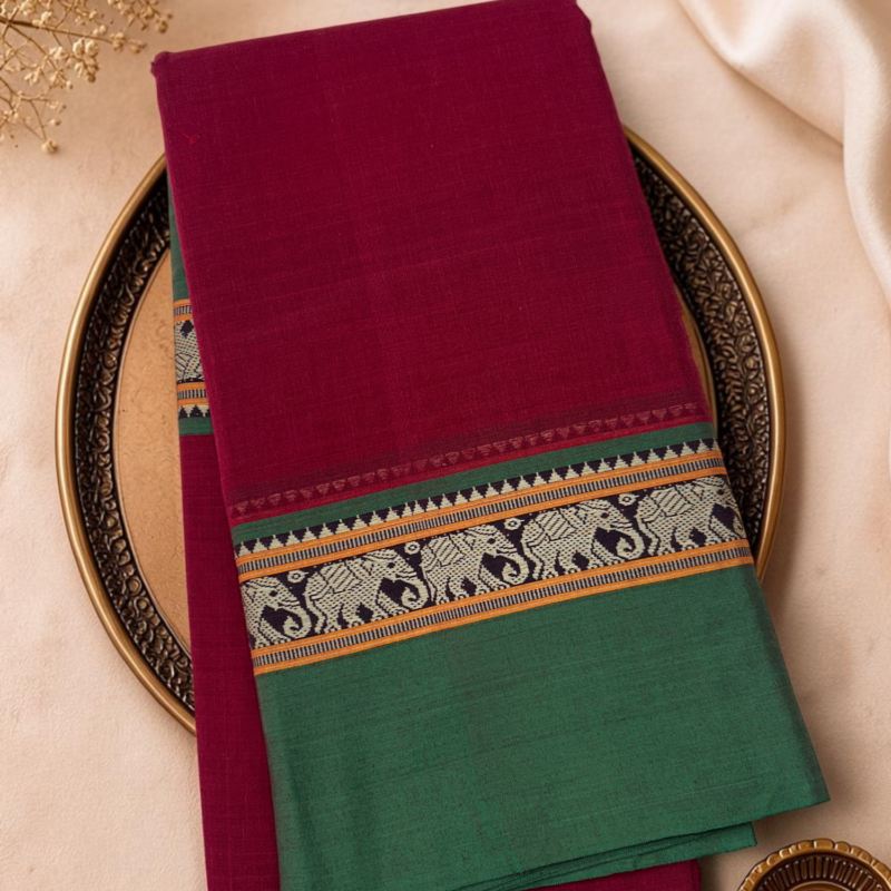 Maroon Wine Bottle Green Mercerised Pure Cotton Gadwal Saree
