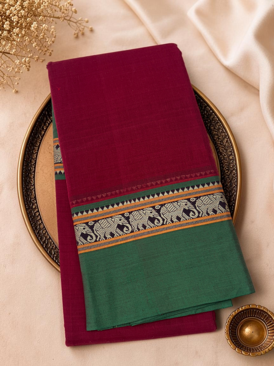 Maroon Wine Bottle Green Mercerised Pure Cotton Gadwal Saree
