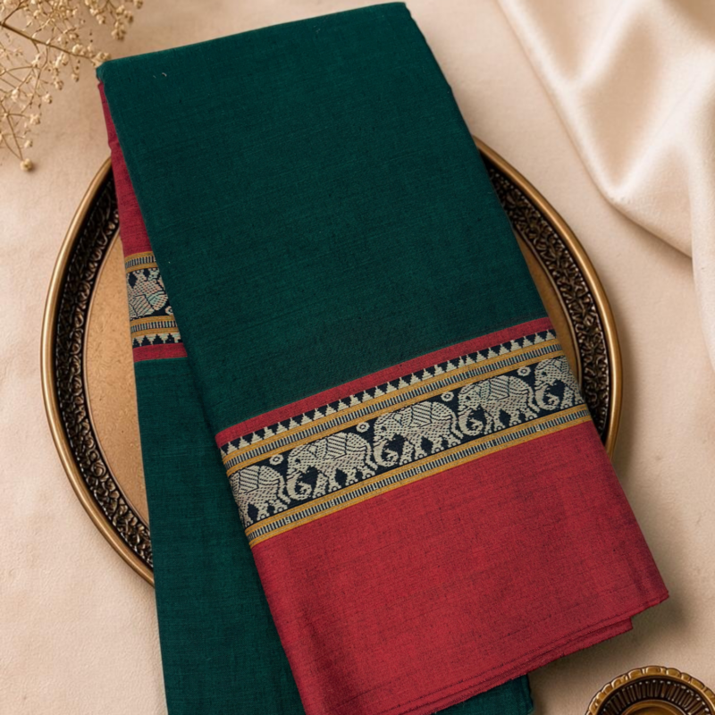Bottle Green Maroon Mercerised Pure Cotton Gadwal Saree