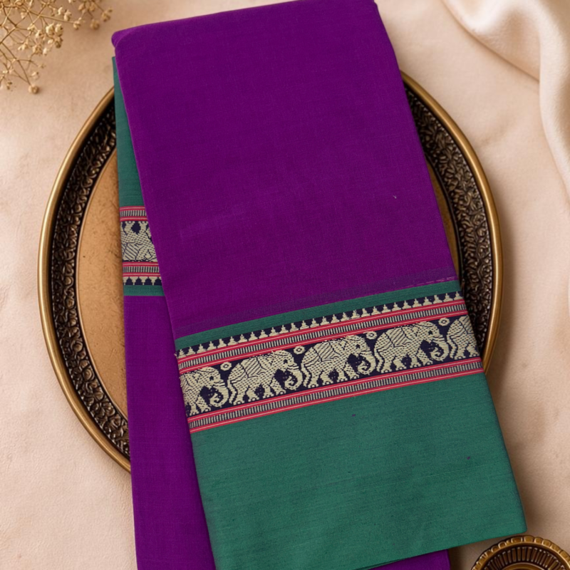 Violet Purple Bottle Green Mercerised Pure Cotton Gadwal Saree