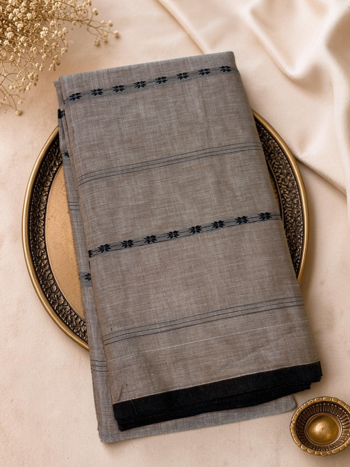 Grey Taupe Black Mercerised Pure Cotton Gadwal Saree