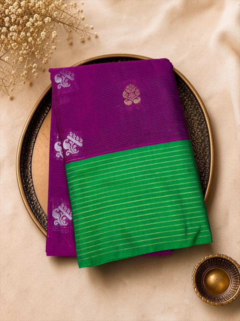 magenta green sico gadwal cotton silk saree zari butta striped border