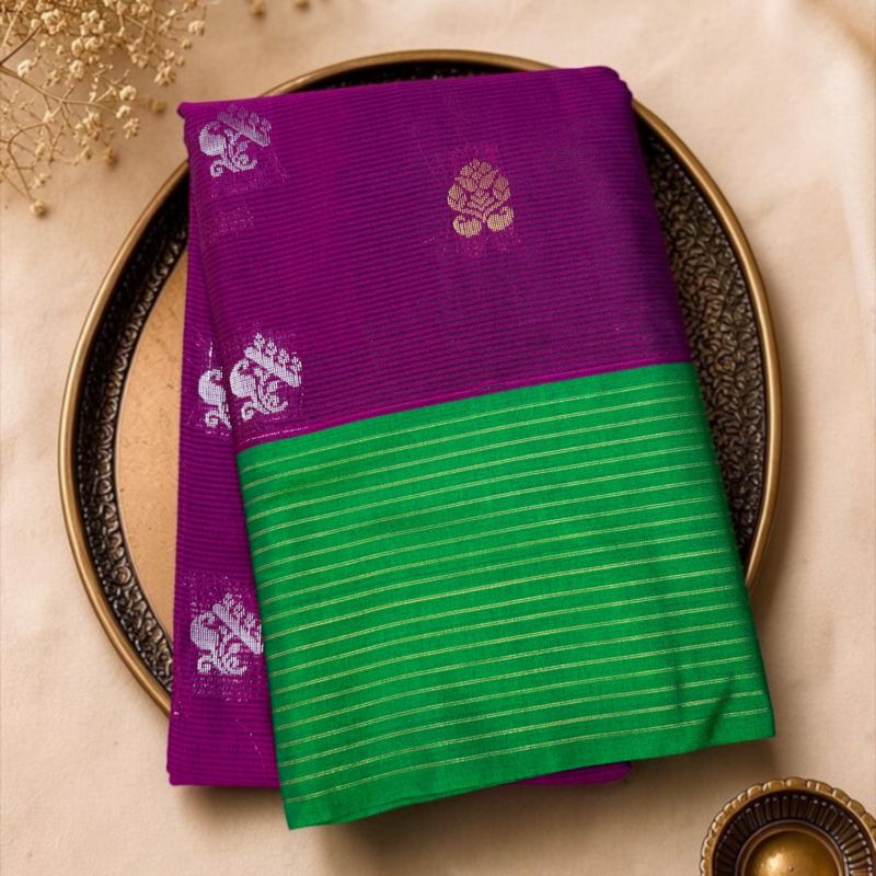 Magenta Green Sico Gadwal Cotton Silk Saree