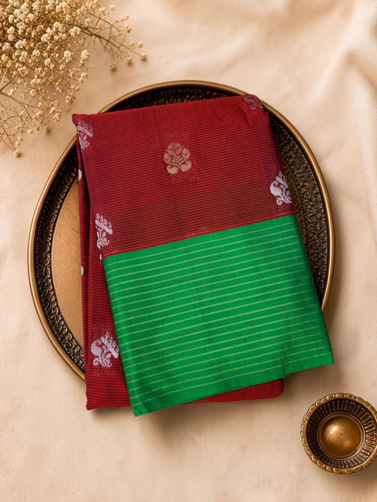 maroon green contrast sico gadwal saree zari butta striped border rich pallu contrast plain blouse