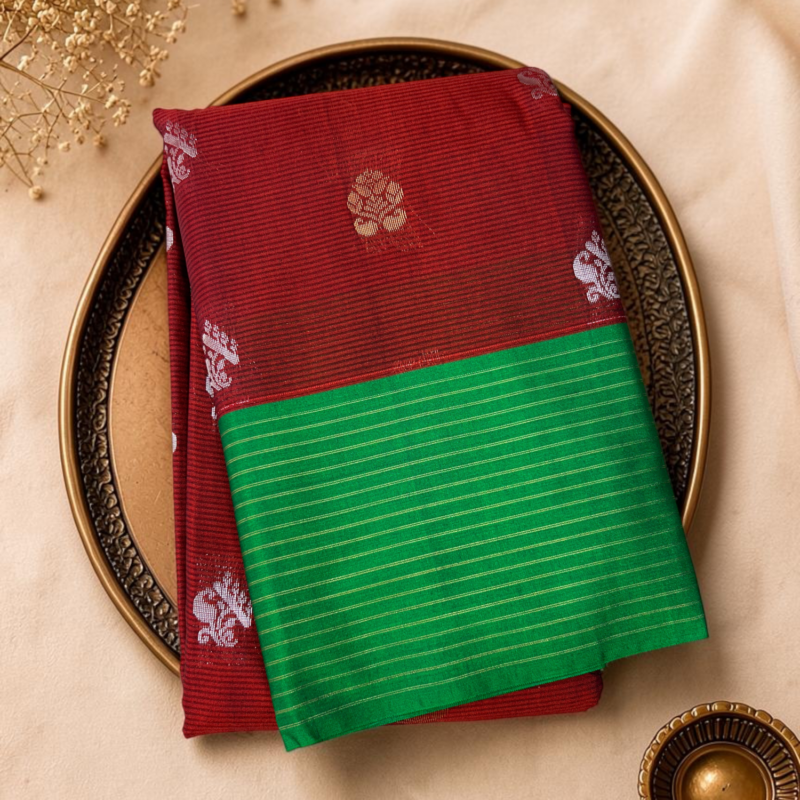 Maroon Green Contrast Sico Gadwal Saree