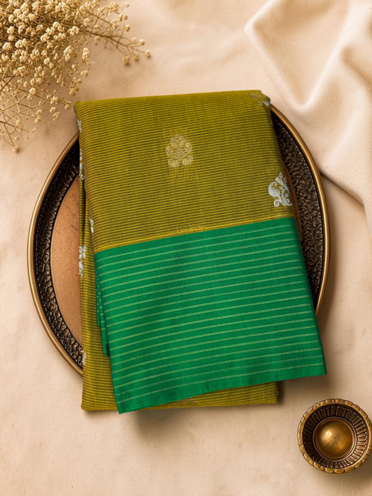 olive green kelly green contrast sico gadwal saree zari butta striped border rich pallu contrast plain blouse