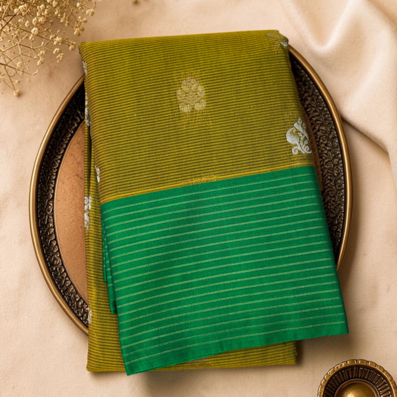 Olive Green Kelly Green Contrast Sico Gadwal Saree