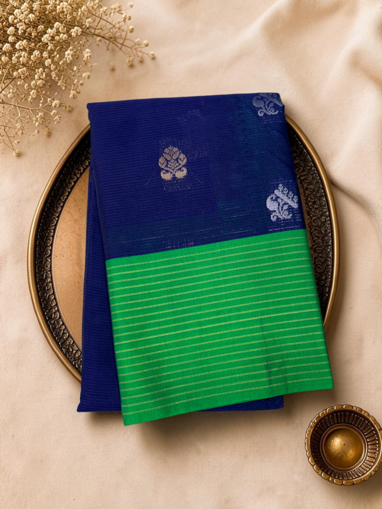 parrot green navy blue contrast sico gadwal saree striped border zari butta rich pallu contrast plain blouse