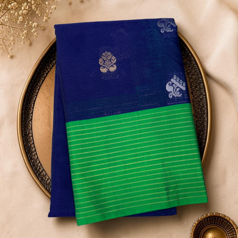 Parrot Green Navy Blue Contrast Sico Gadwal Saree