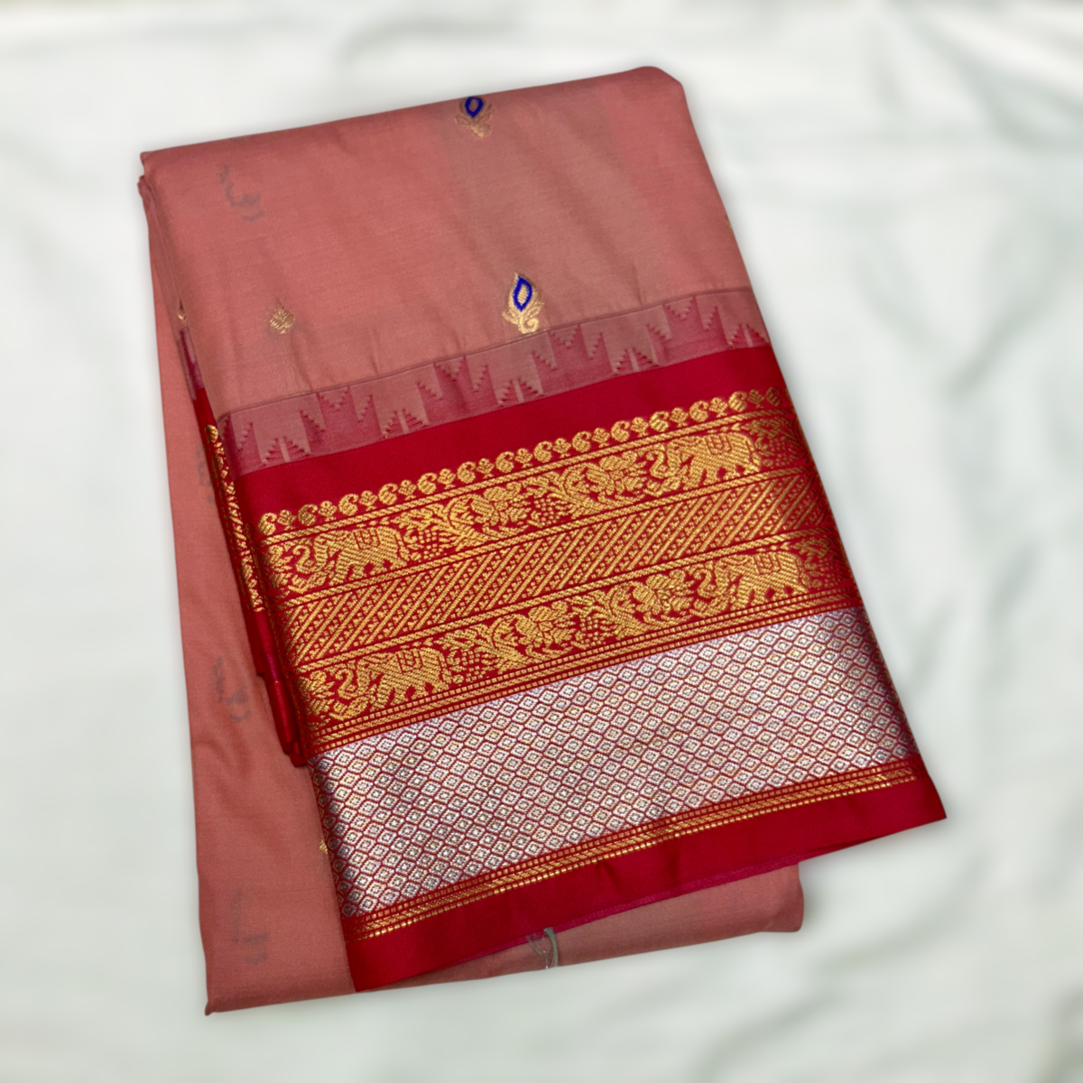 Peach Pink & Red Premium Semi Gadwal Saree