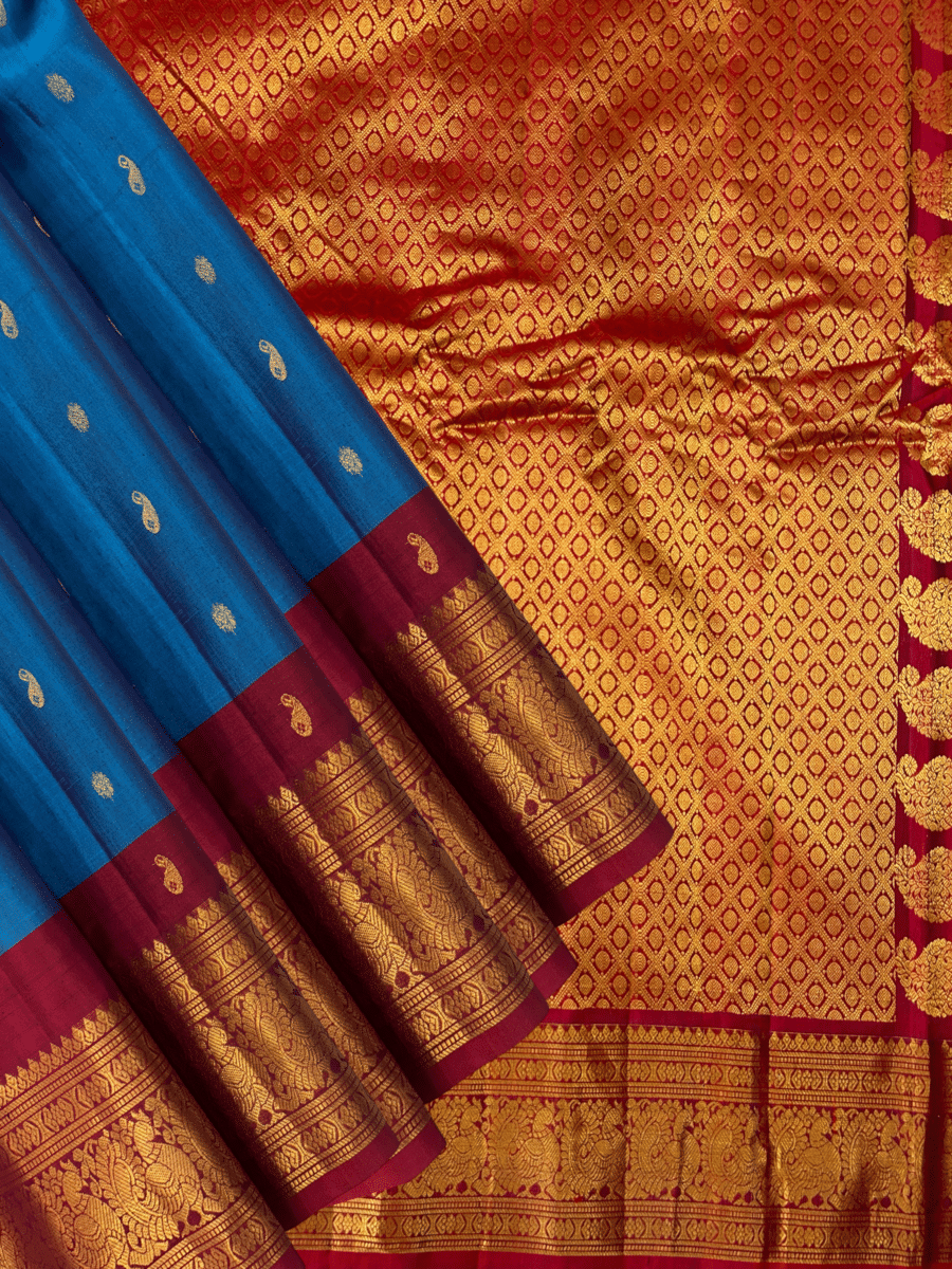 Sky Blue & Maroon Pure Handloom Sico Gadwal Saree
