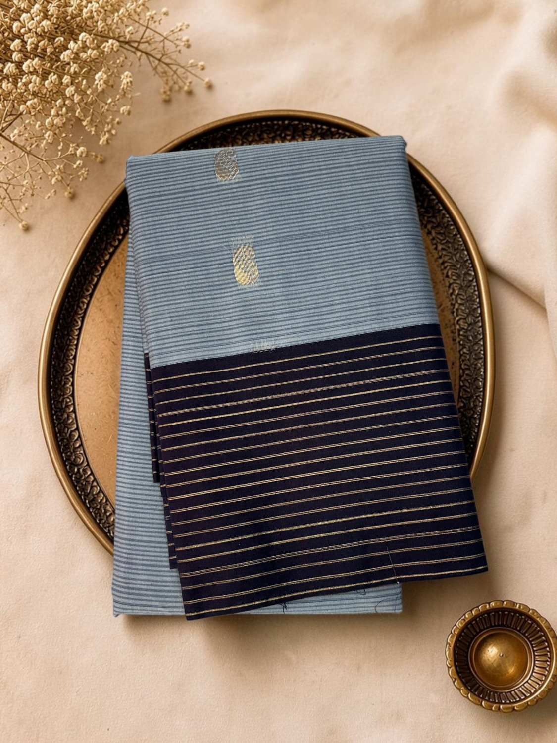 Powder Blue Navy Blue Contrast Sico Gadwal Saree