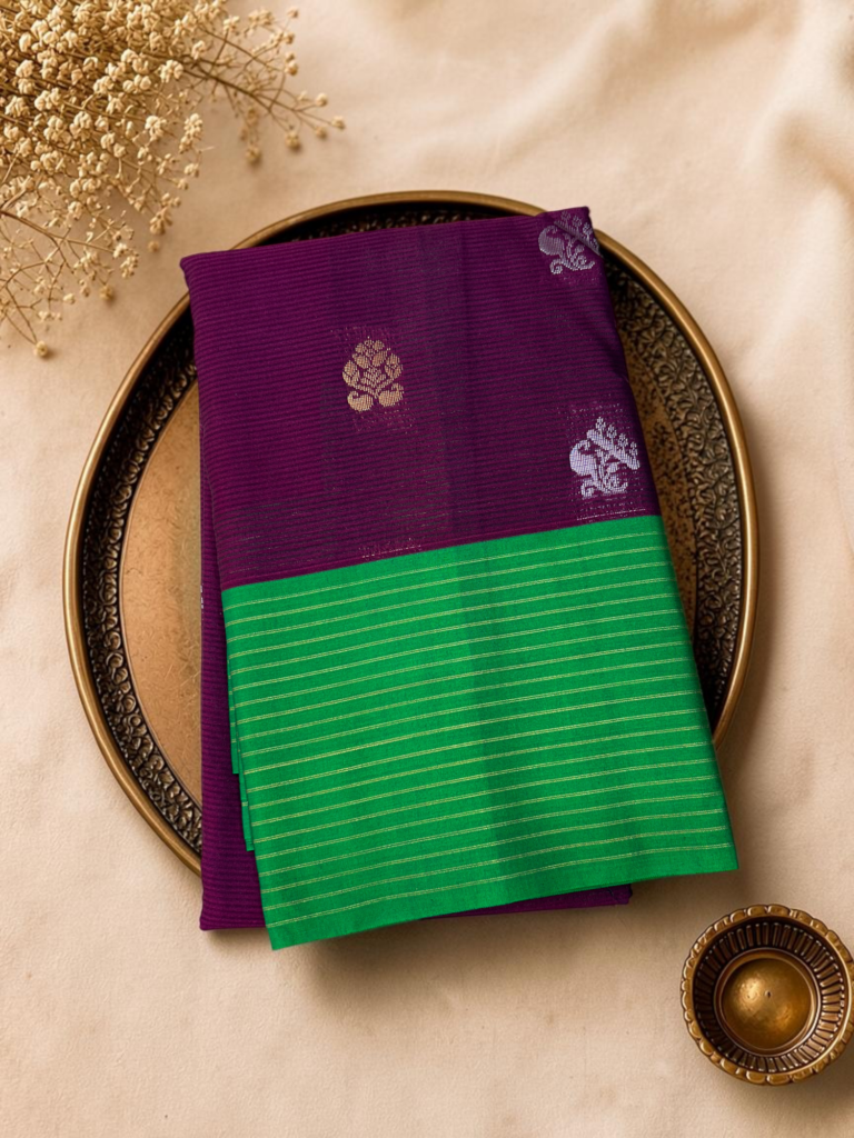 royal purple green contrast sico gadwal saree zari butta striped border rich pallu contrast plain blouse