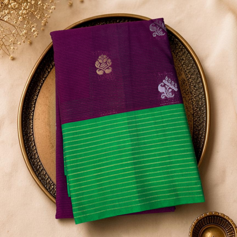 Royal Purple Green Contrast Sico Gadwal Saree
