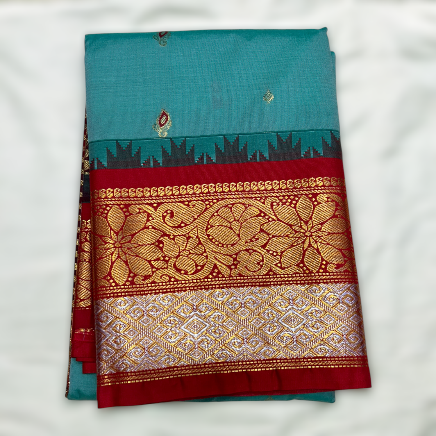 Sea Green & Maroon Premium Semi Gadwal Saree