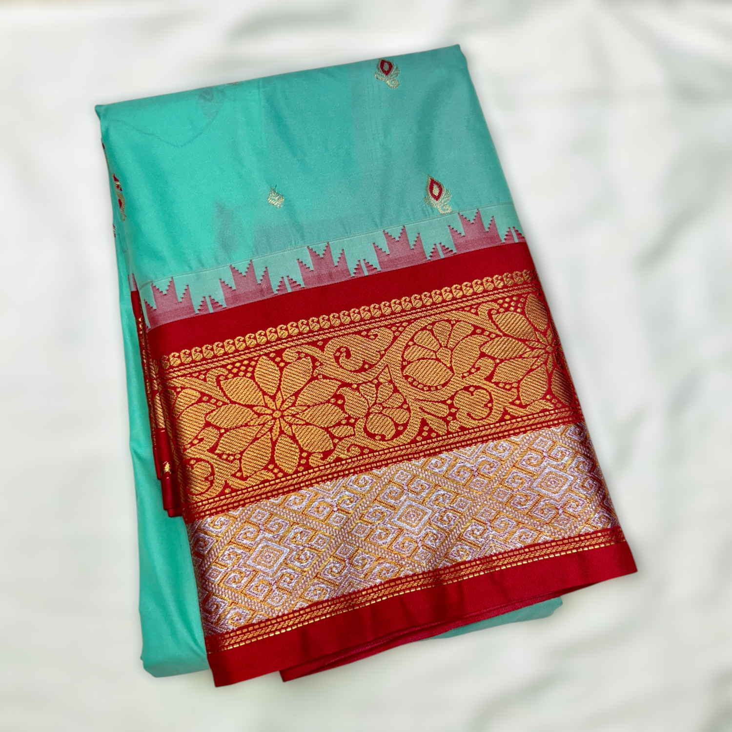 Seafoam Green & Red Premium Semi Gadwal Saree