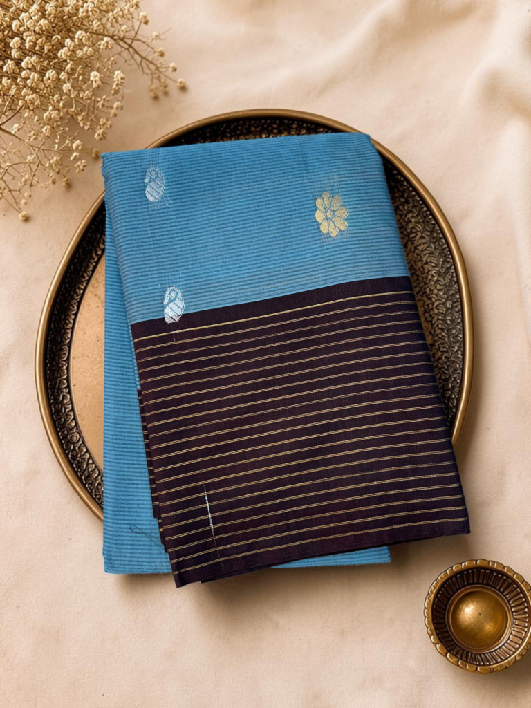 sky blue brown sico gadwal cotton silk saree zari butta striped border
